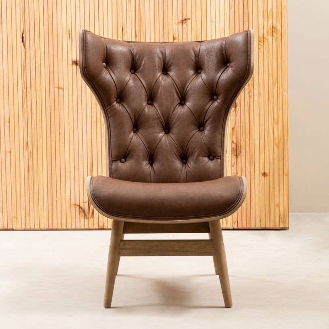 Carlton Tufted Wingback Lounge Chair – Brown Leather Effect &amp; Elmwood - INSIDE HOUSE