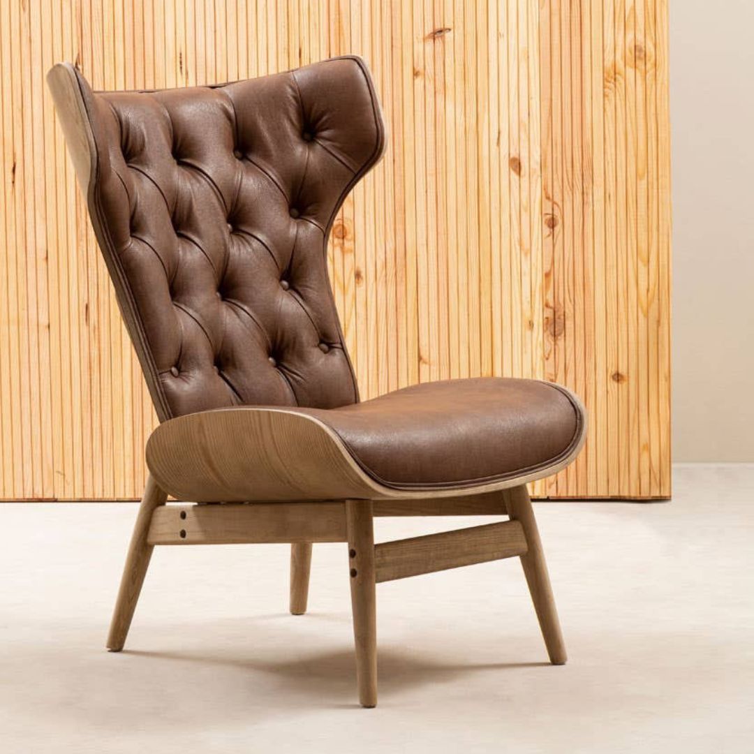 Carlton Tufted Wingback Lounge Chair – Brown Leather Effect &amp; Elmwood - INSIDE HOUSE