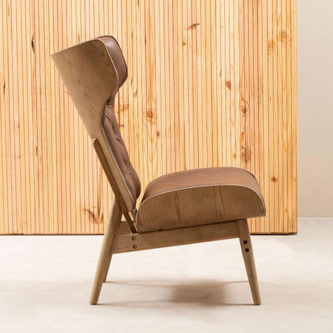 Carlton Tufted Wingback Lounge Chair – Brown Leather Effect &amp; Elmwood - INSIDE HOUSE