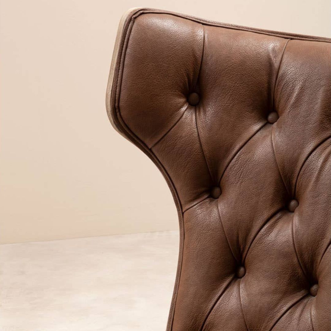 Carlton Tufted Wingback Lounge Chair – Brown Leather Effect &amp; Elmwood - INSIDE HOUSE