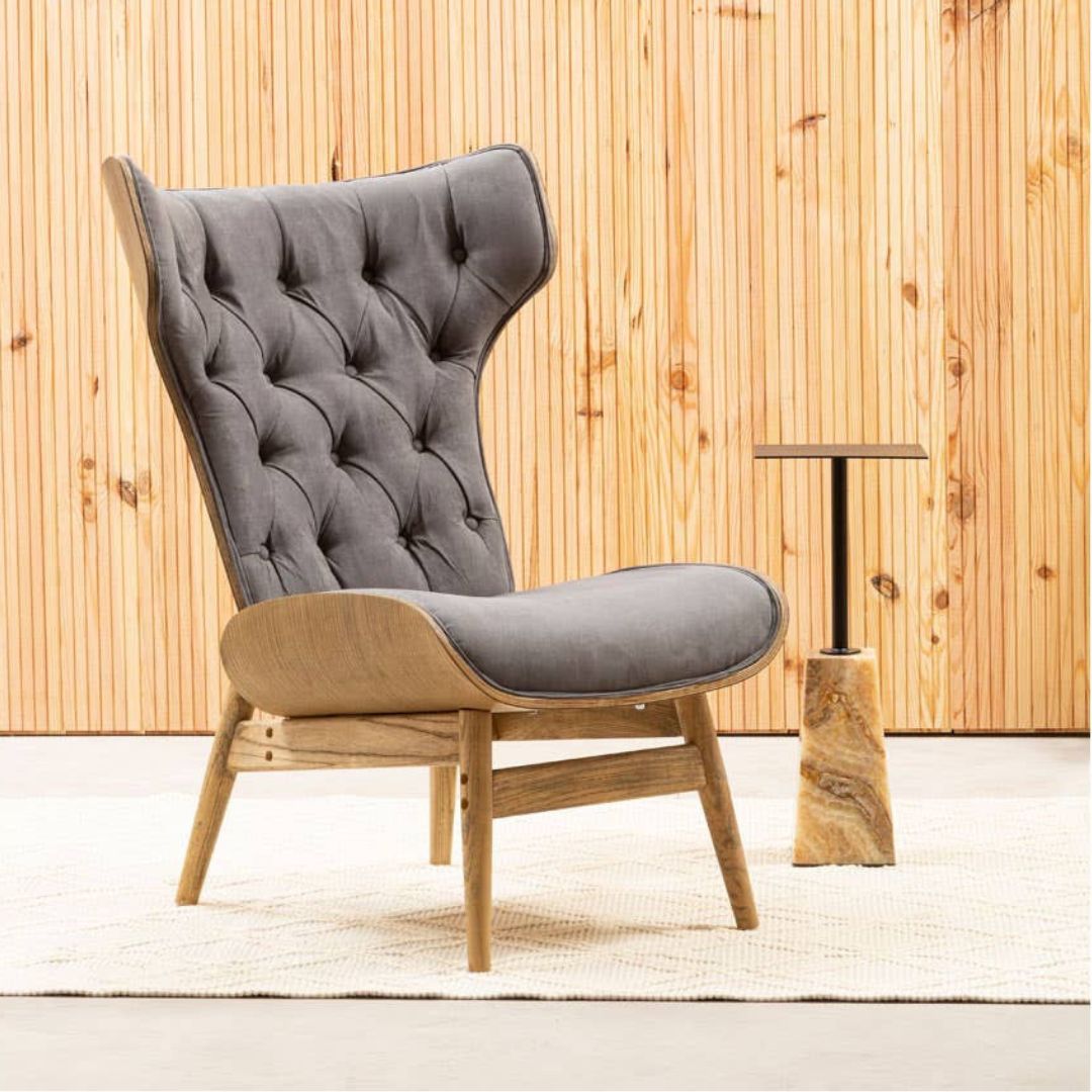 Carlton Tufted Wingback Lounge Chair – Dark Grey Velvet &amp; Elmwood - INSIDE HOUSE