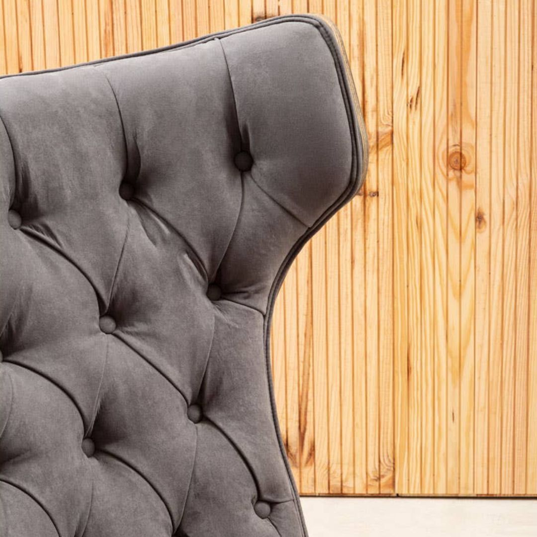 Carlton Tufted Wingback Lounge Chair – Dark Grey Velvet &amp; Elmwood - INSIDE HOUSE
