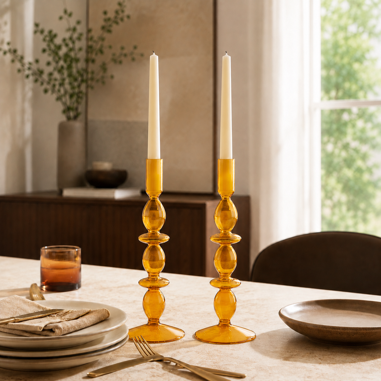 Orange / Amber Glass Candle Holders x 2