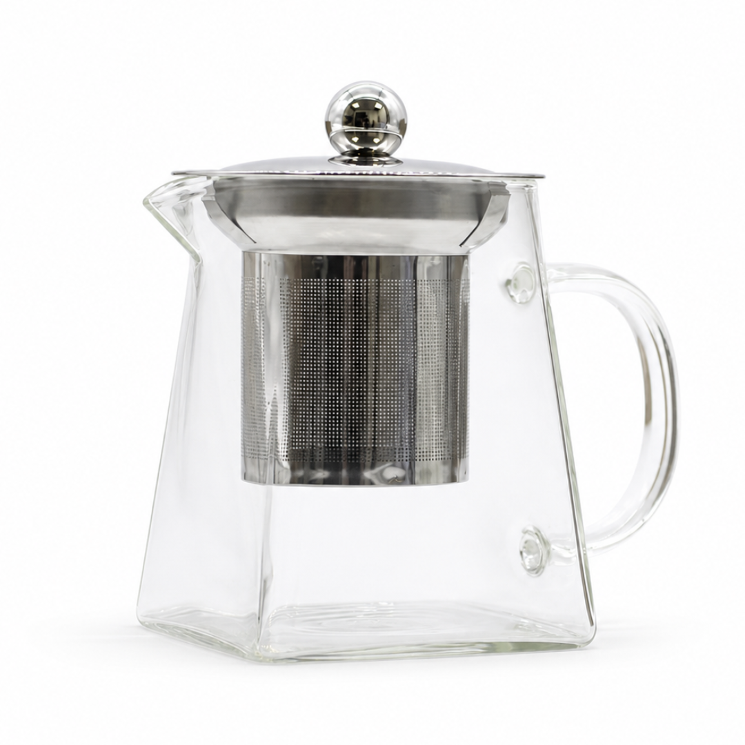 Clear glass teapot with a stainless steel mesh infuser and silver metal lid, shown on a white background.