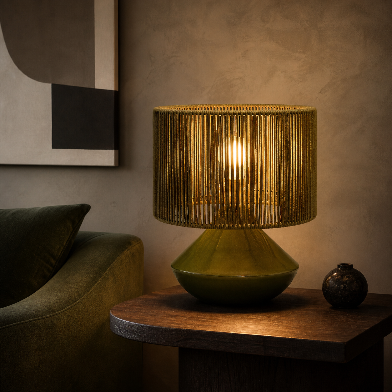 Forest Green Table Lamp W/ Ribbed Corded Shade