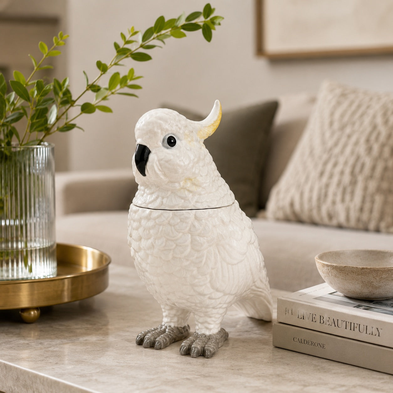White Ceramic Parrot Storage Jar/Vase, Removable Head