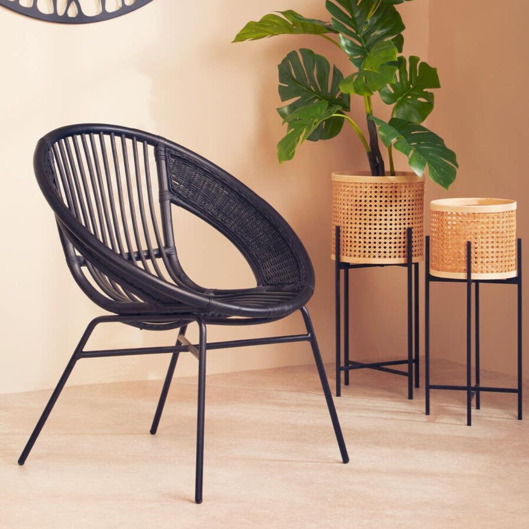 Elio Black Natural Rattan Lounge Chair – Metal Frame