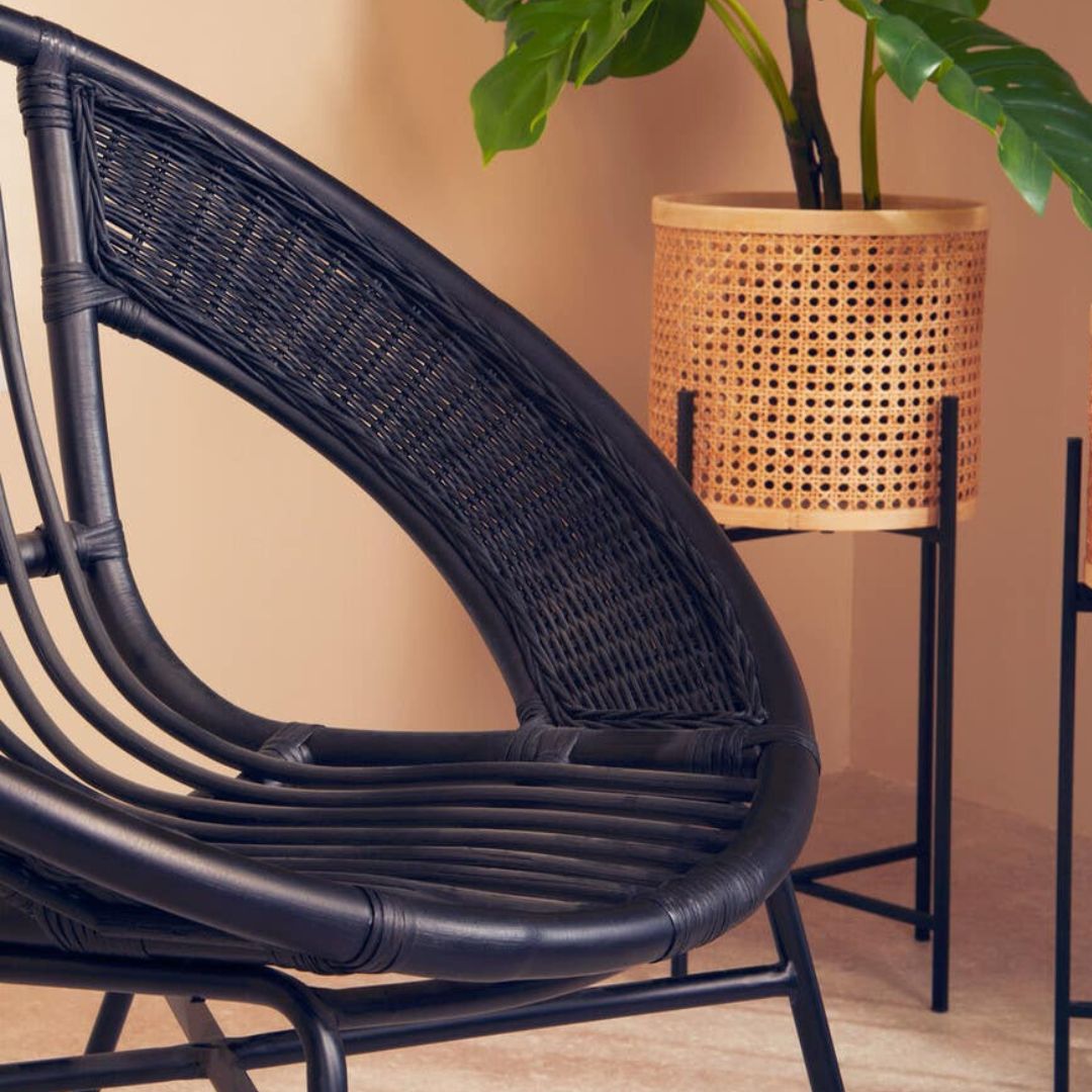 Elio Black Natural Rattan Lounge Chair – Metal Frame