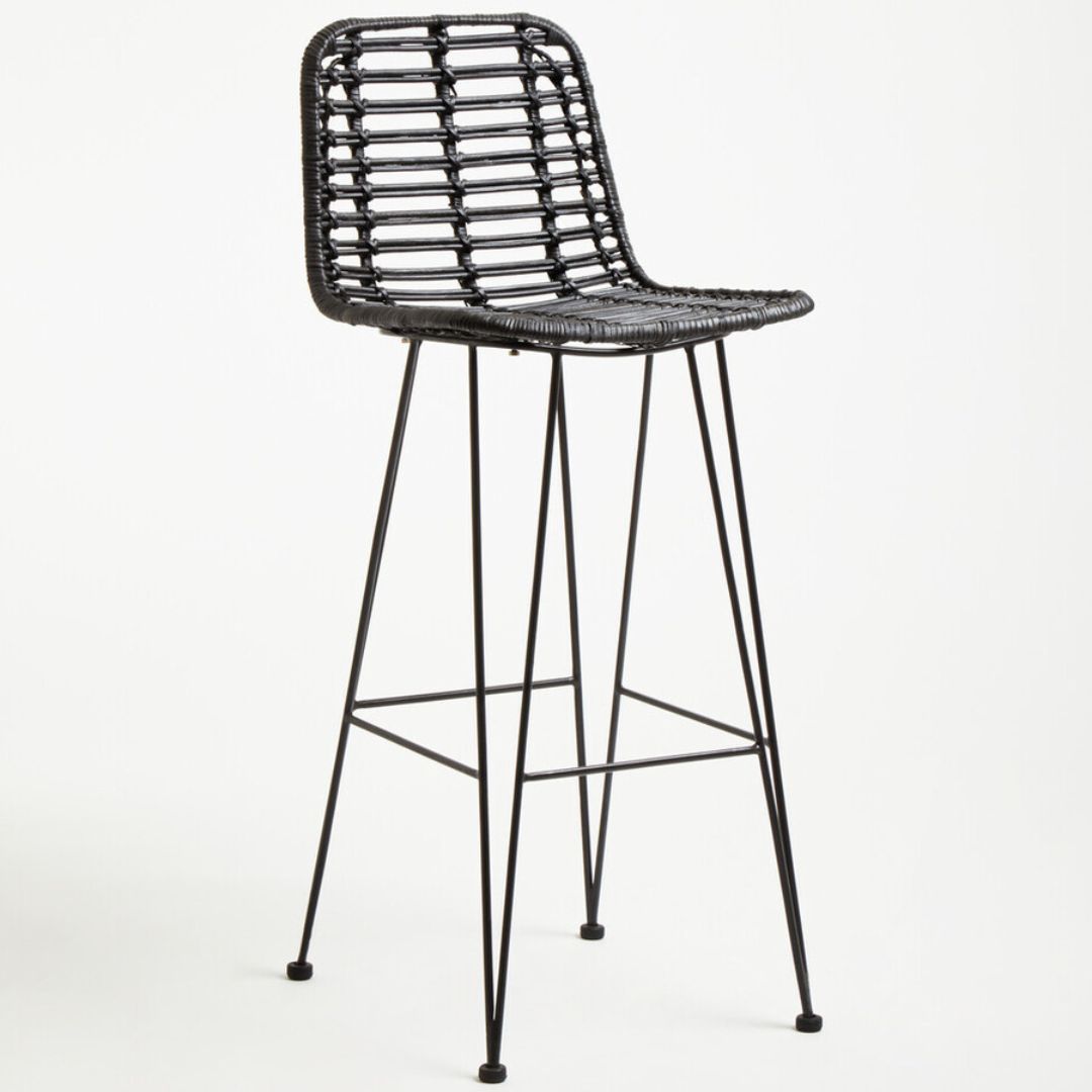 Elio Natural Rattan Bar Chair – Black &amp; Metal Frame