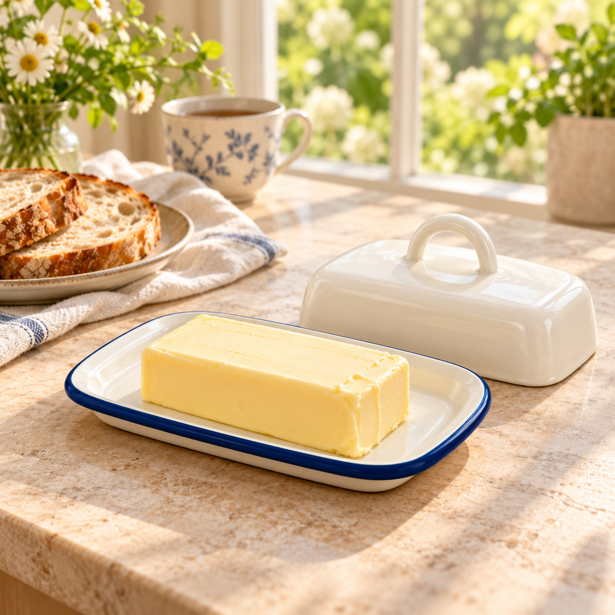 Enamel butter dish - Blue - With Lid lifestyle
