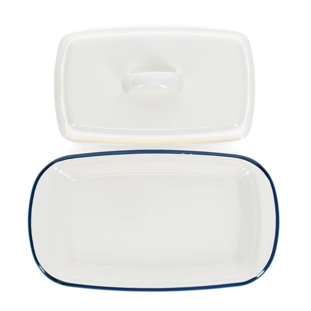 Rectangular ceramic dish with a lid on a white background