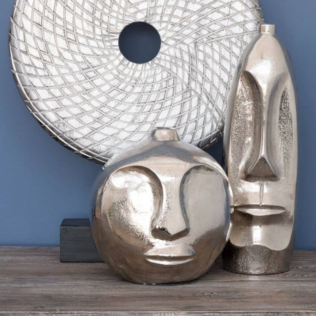 Evara Round Silver Sculptural Face Vase - Large