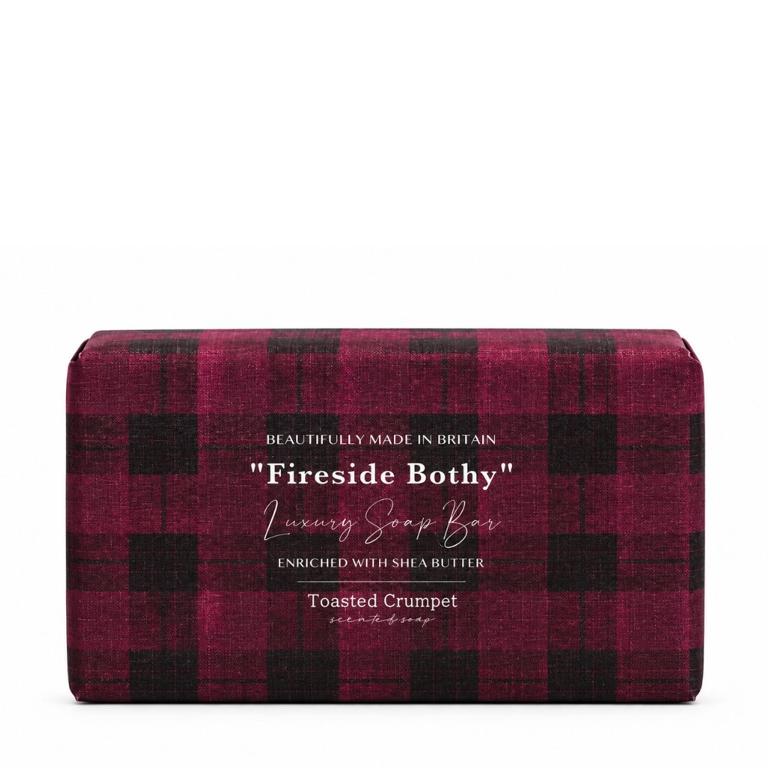 Fireside Bothy luxury soap bar in burgundy and black plaid packaging