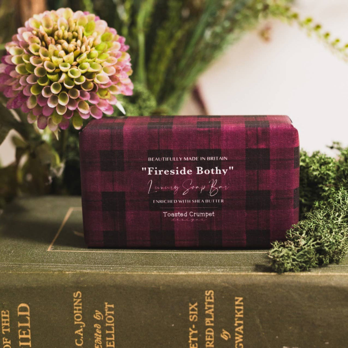 Fireside Bothy luxury soap bar in burgundy and black plaid packaging
