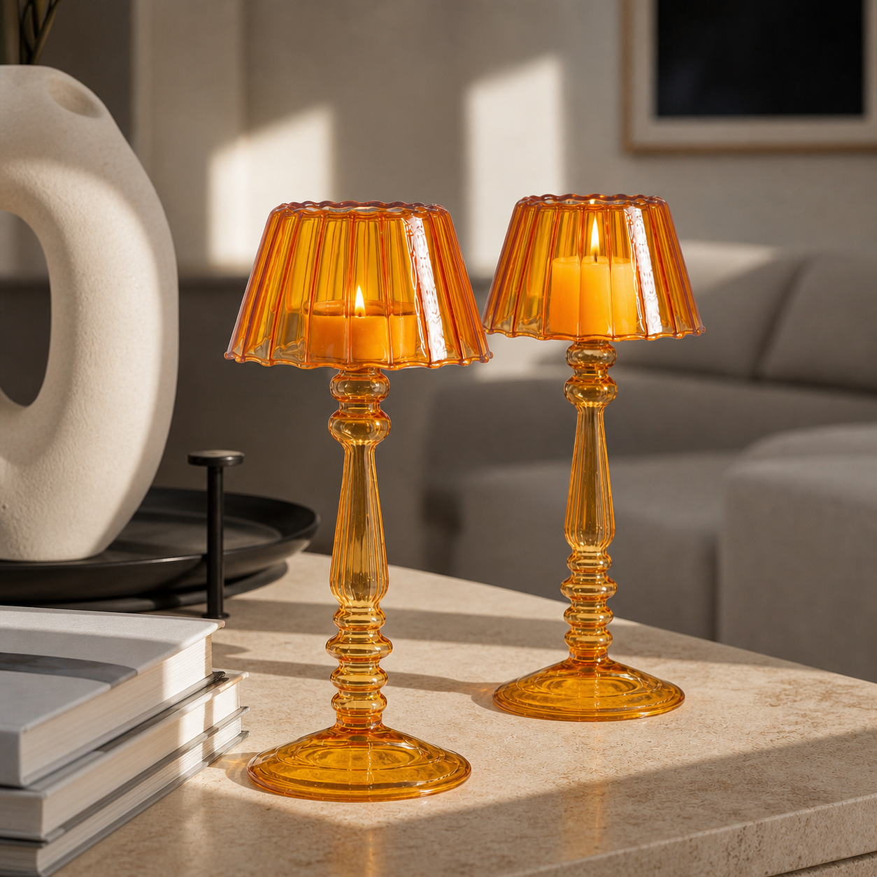 A Pair x 2 Orange/Yellow Lamp-Style Glass pillar or tealight candle holders