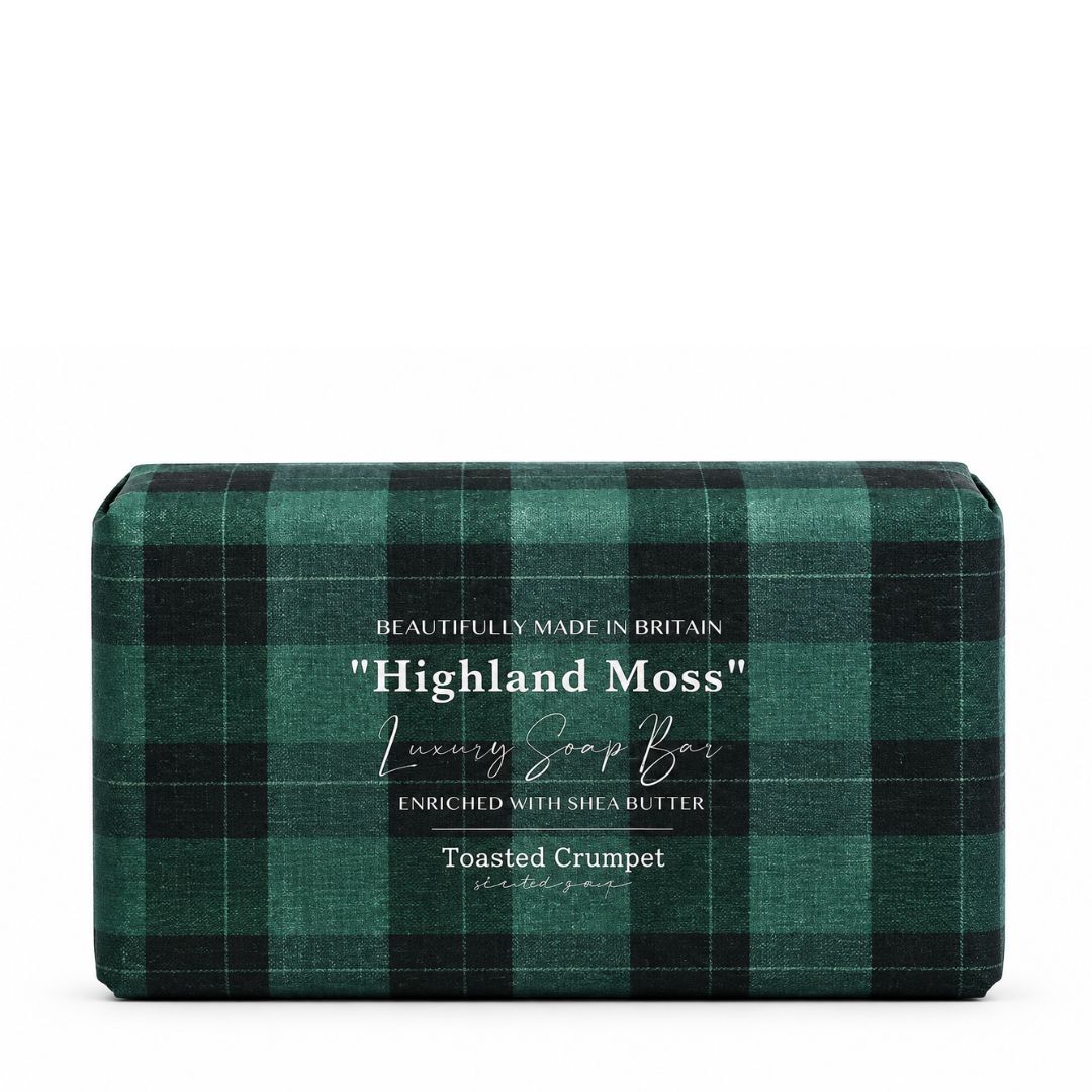 Highland Moss luxury soap bar in green and black plaid packaging
