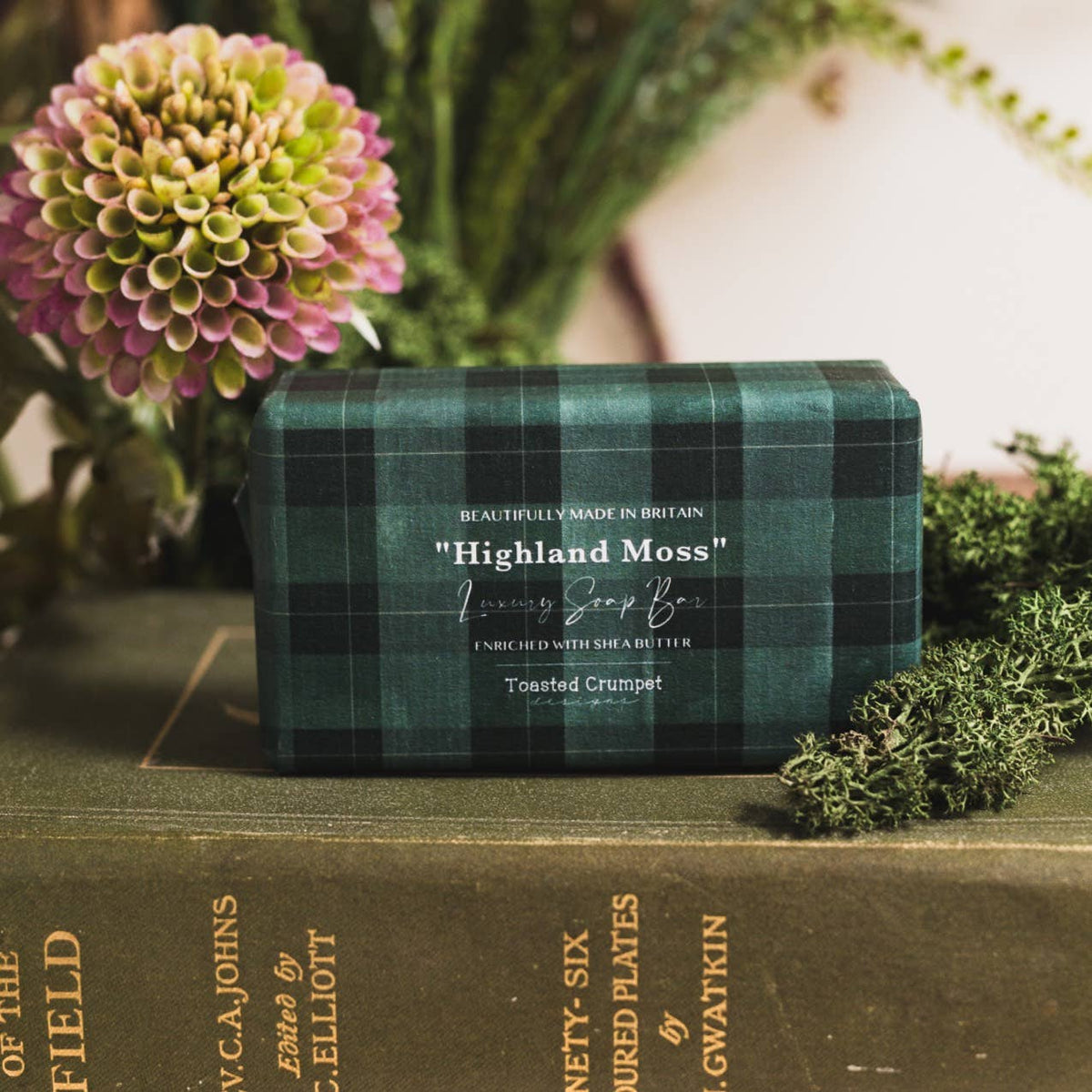 Highland Moss luxury soap bar in green and black plaid packaging