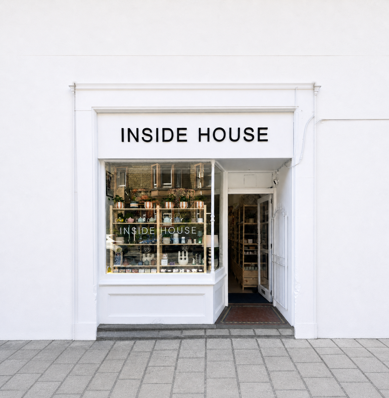 The storefront of Inside House, featuring a white facade, a large window displaying shelves of products, and an open doorway. The brand name 'INSIDE HOUSE' is clearly printed in black on the white sign above the entrance.