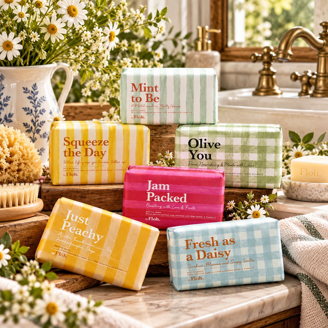 Jam Packed Bursting with Love &amp; Fresh Berry Goodness 190g luxury berry-scented soap bar in pink and red striped packaging with other soaps 