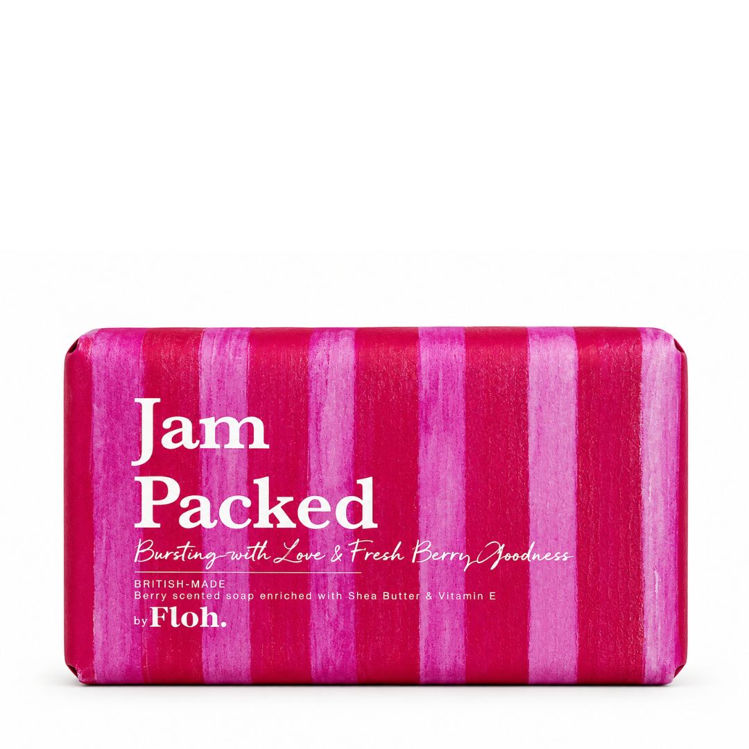 Jam Packed Bursting with Love &amp; Fresh Berry Goodness 190g luxury berry-scented soap bar in pink and red striped packaging