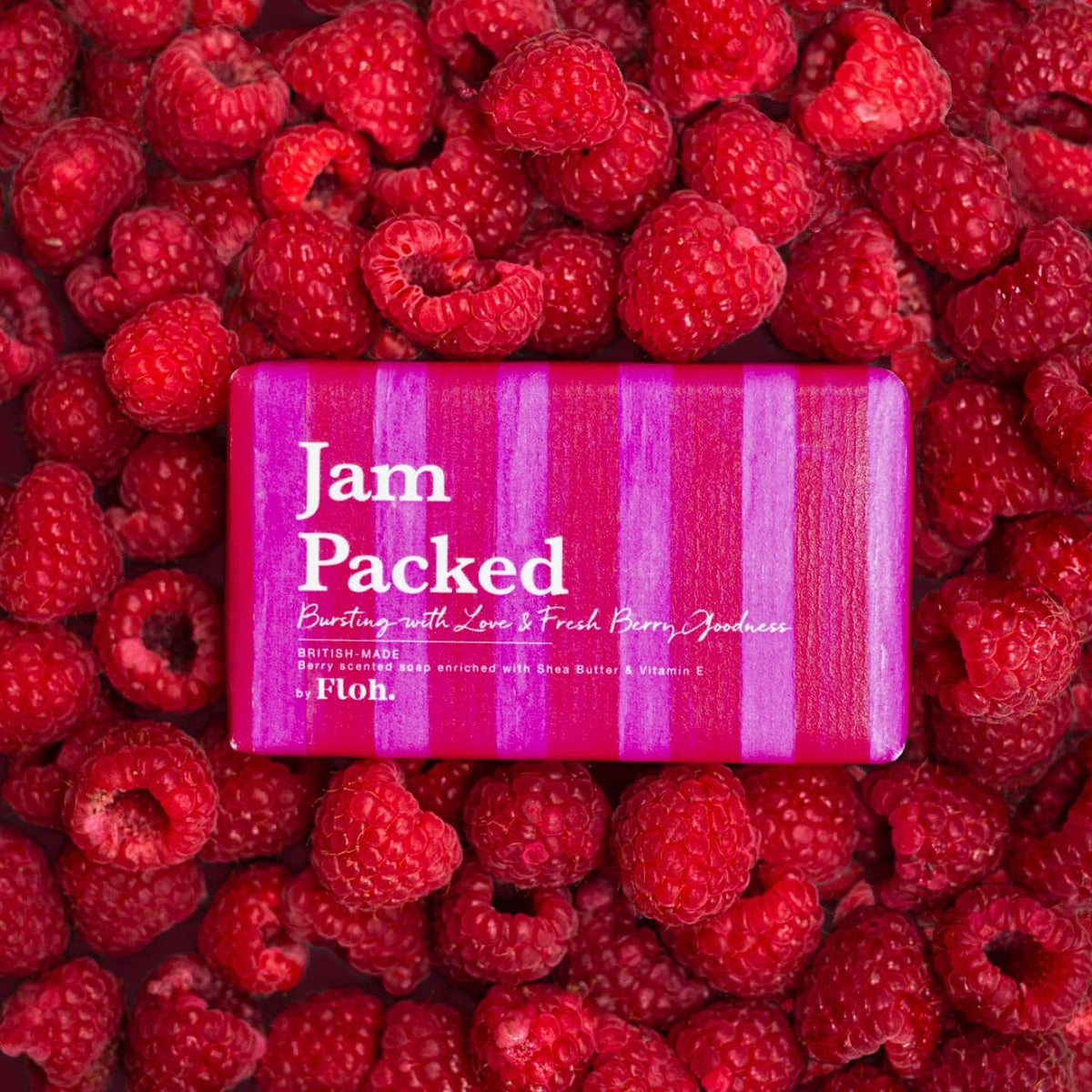 Jam Packed Bursting with Love &amp; Fresh Berry Goodness 190g luxury berry-scented soap bar in pink and red striped packaging