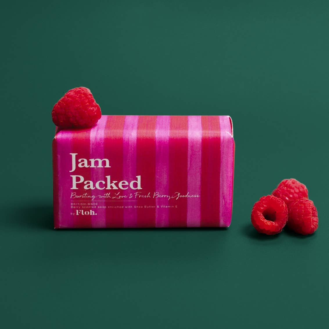 Jam Packed Bursting with Love &amp; Fresh Berry Goodness 190g luxury berry-scented soap bar in pink and red striped packaging