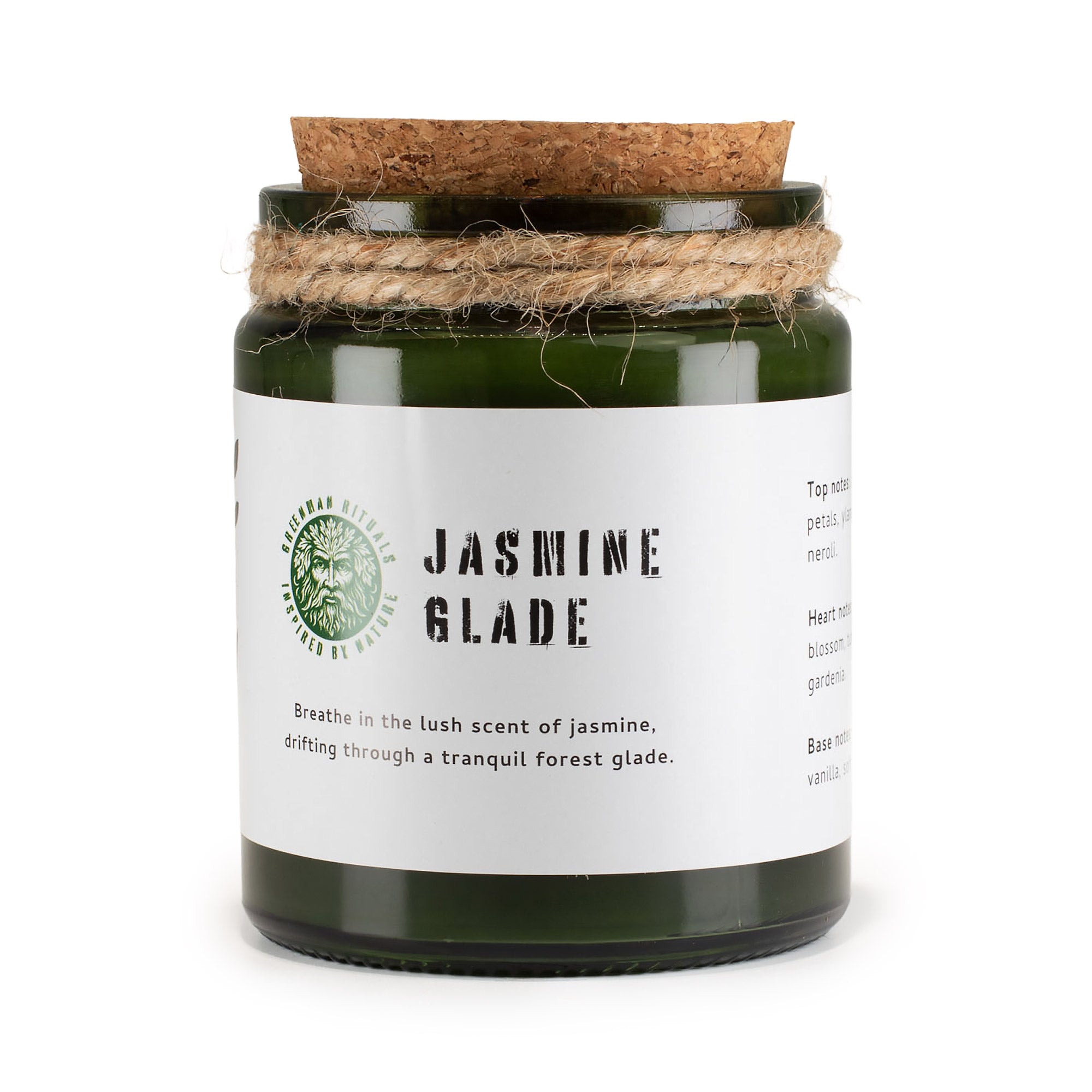 Candle jar labeled 'Jasmine Glade' with a cork lid on a white background