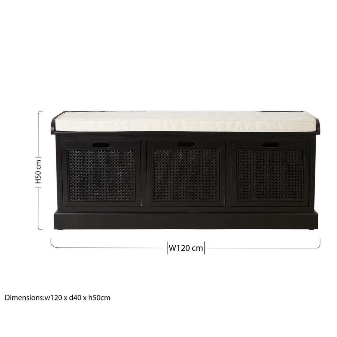 Loxley Antique Black 3 Drawers Storage Bench with Cushion