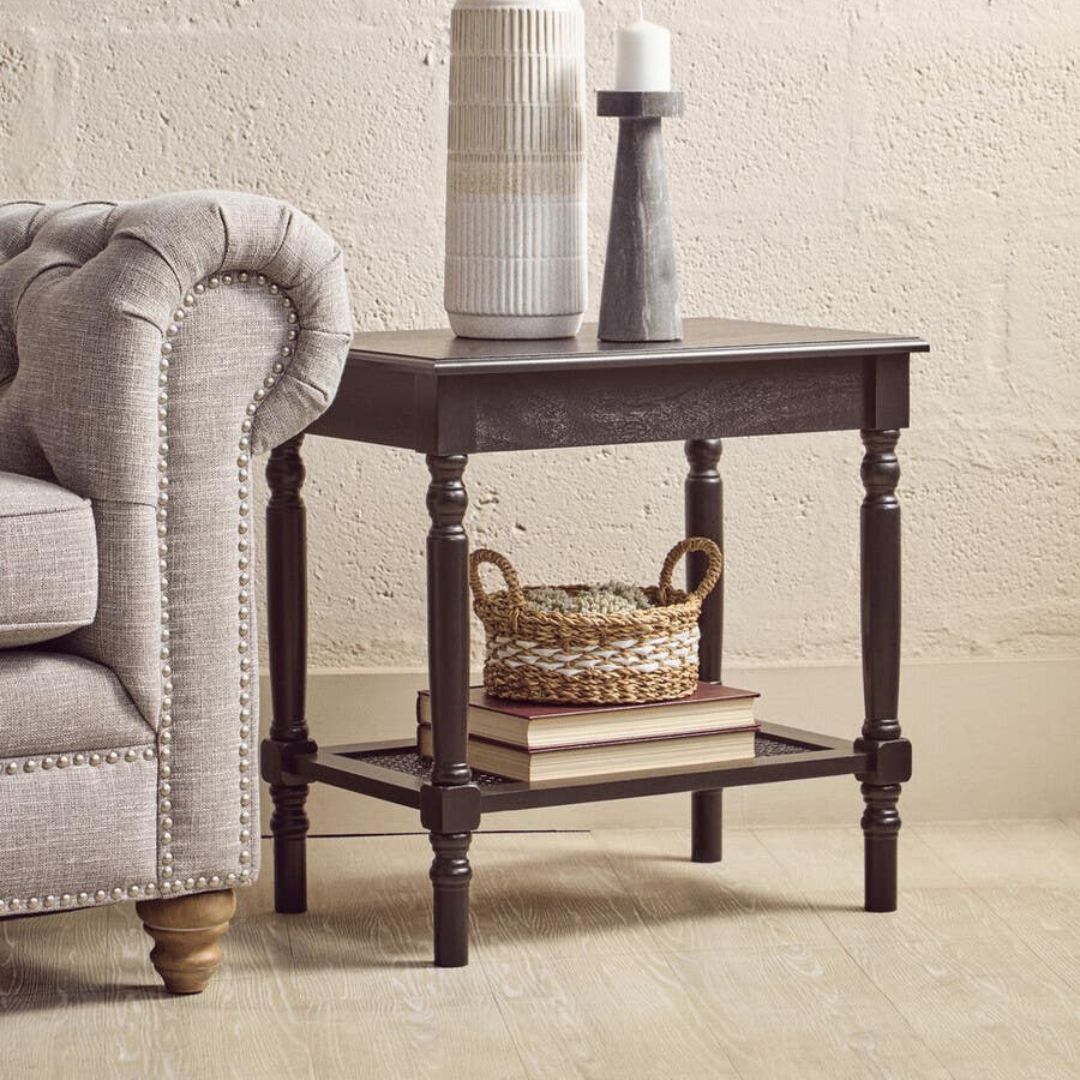 Loxley Black Side Table with Cane Shelf