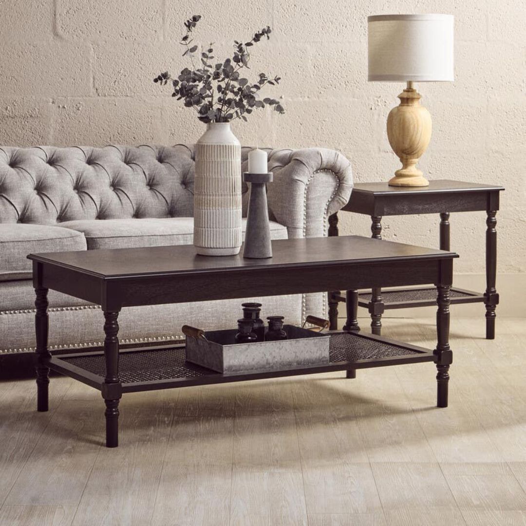 Loxley Black Side Table with Cane Shelf