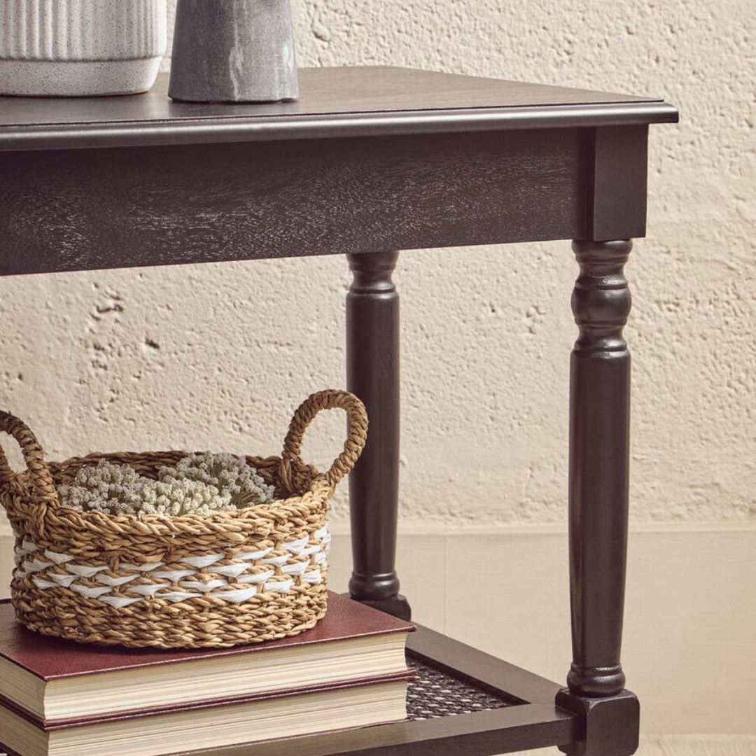 Loxley Black Side Table with Cane Shelf