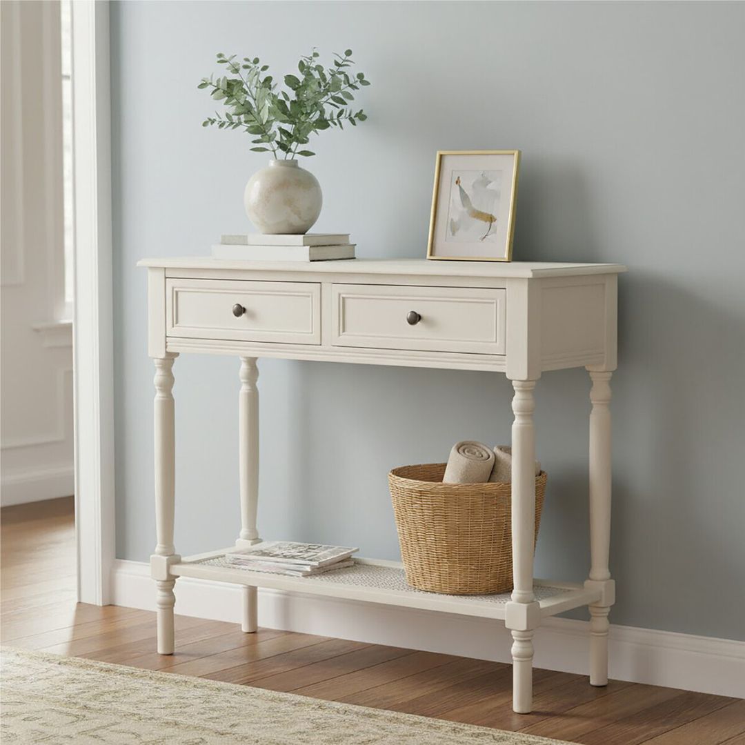 Loxley Antique White 2 Drawers Console Table with Cane Shelf