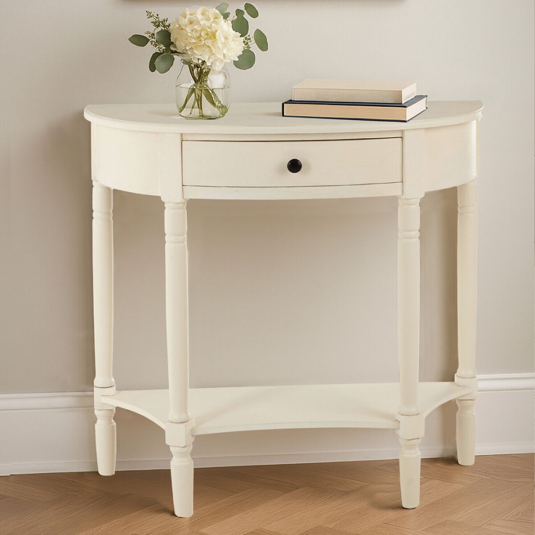 Loxley Antique White Half Moon Console Table with Drawer