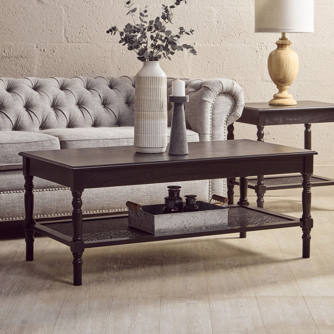 Loxley Black Coffee Table with Cane Shelf