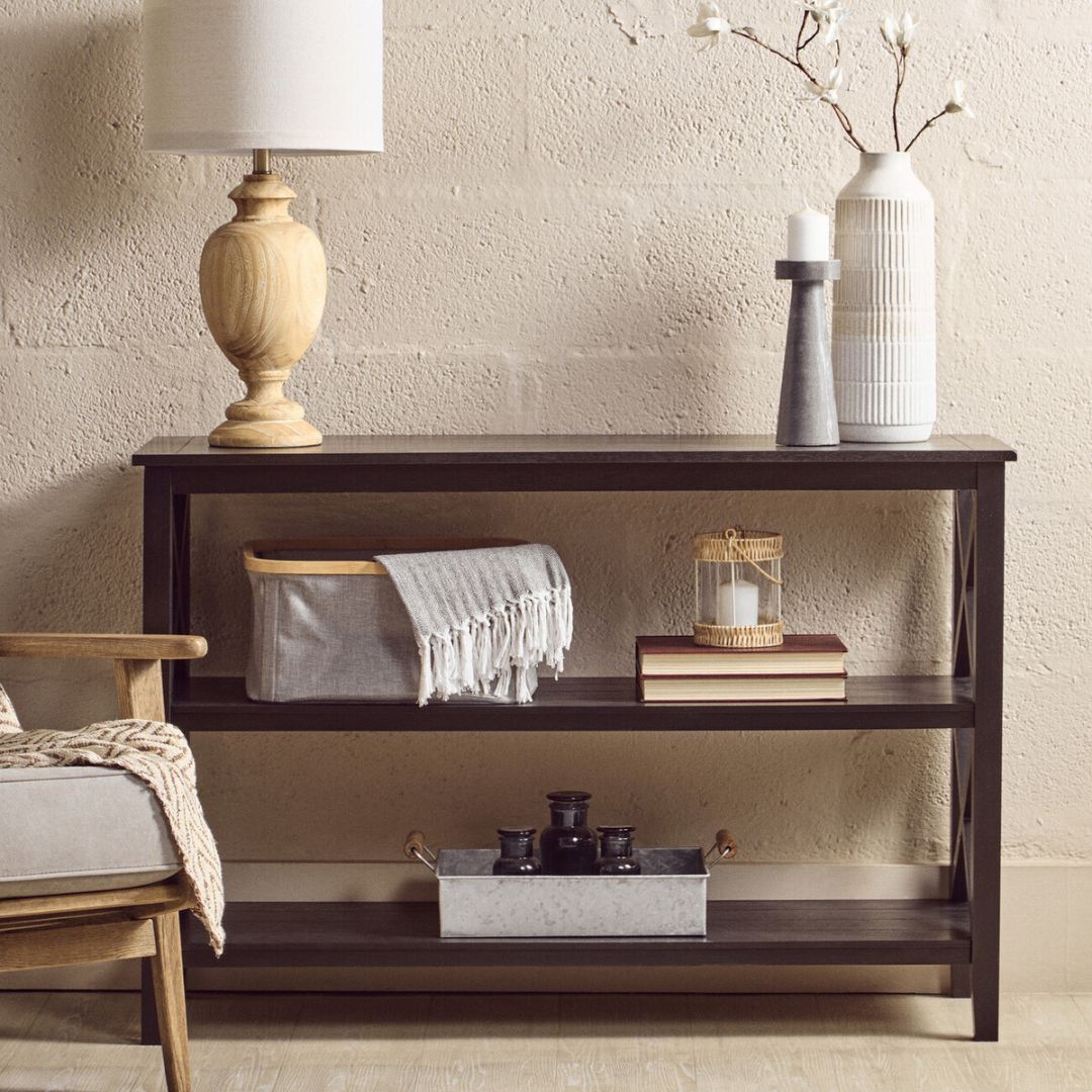 Loxley Black Wide 2 Tier Bookcase with Cross Frame Detail