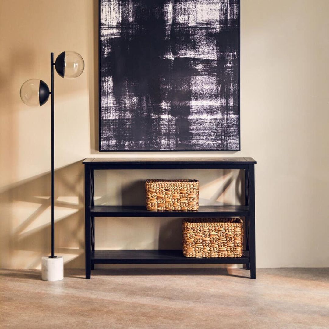 Loxley Black Wide 2 Tier Bookcase with Cross Frame Detail