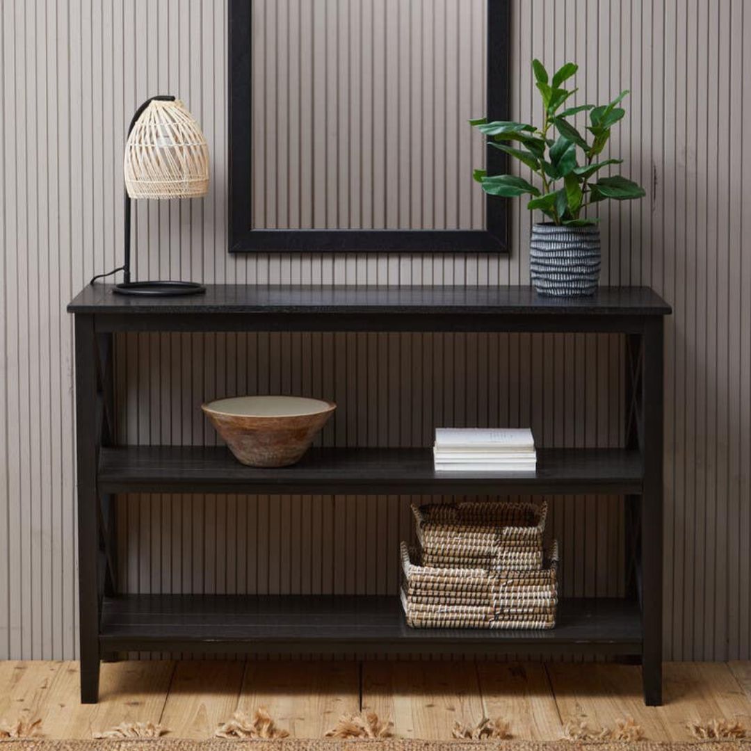 Loxley Black Wide 2 Tier Bookcase with Cross Frame Detail