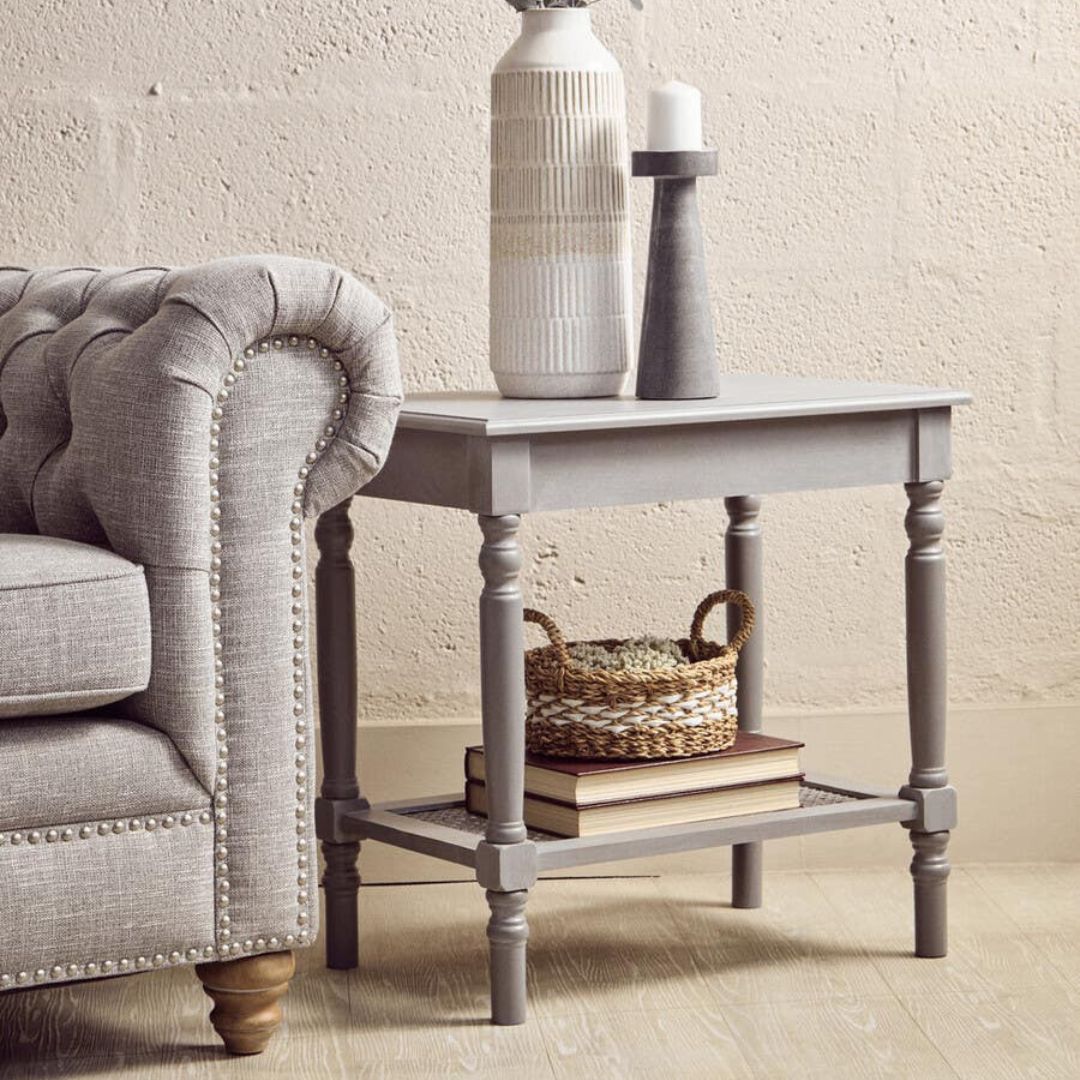 Loxley Slate Grey Side Table with Cane Shelf