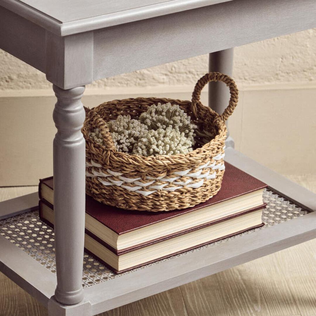 Loxley Slate Grey Side Table with Cane Shelf