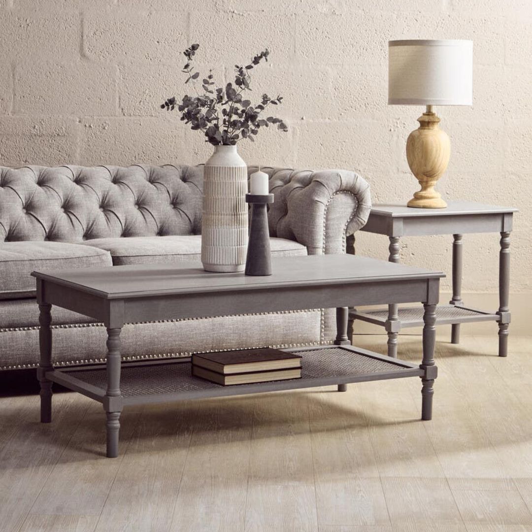 Loxley Slate Grey Side Table with Cane Shelf