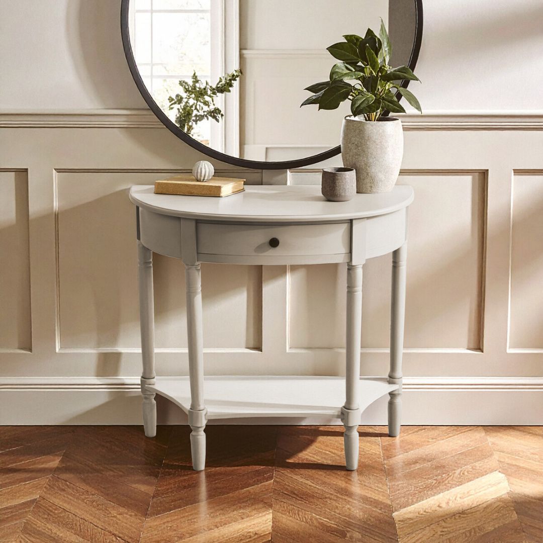 Loxley Vintage Grey Half Moon Console Table with Drawer