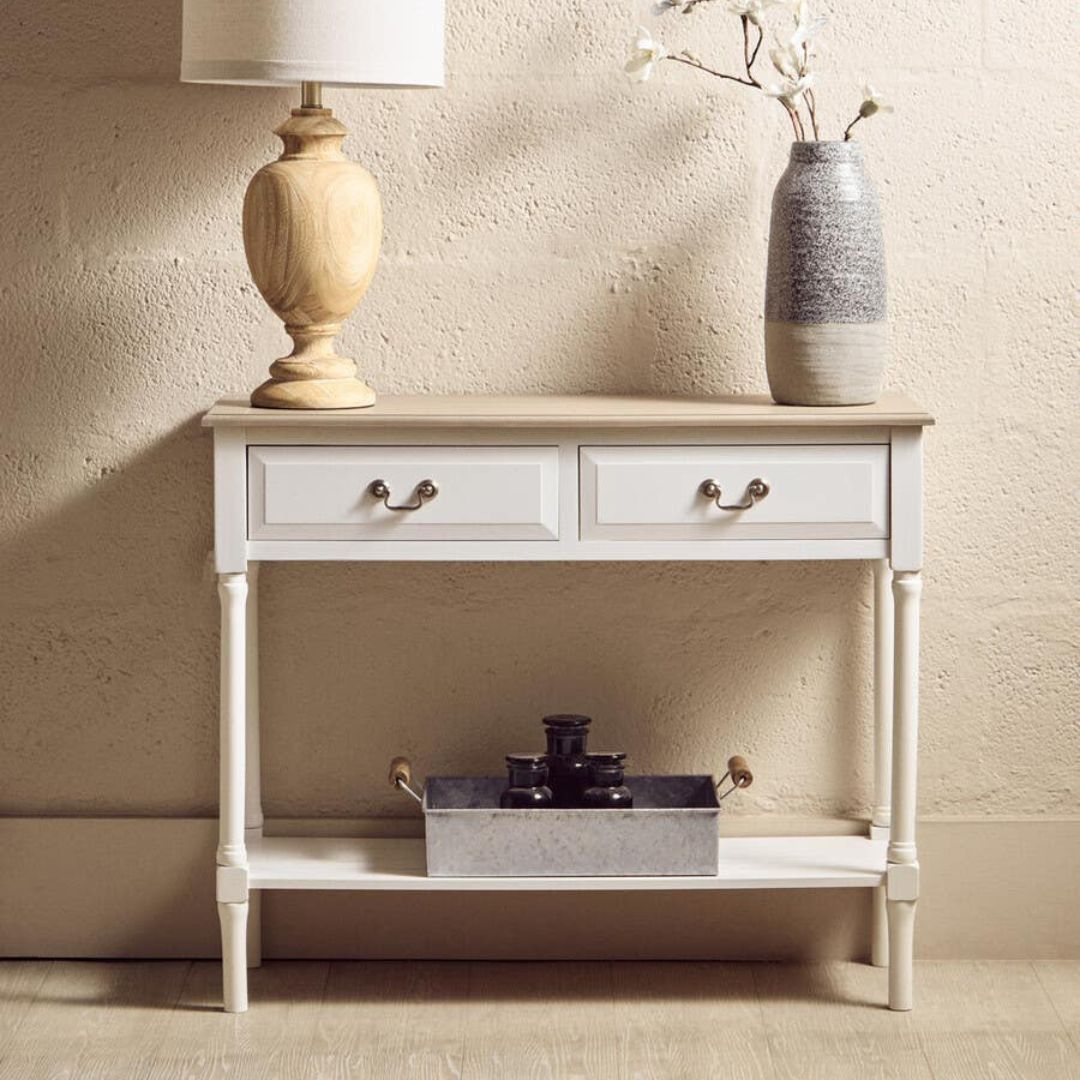 Loxley White 2 Drawers Console Table with Natural Top