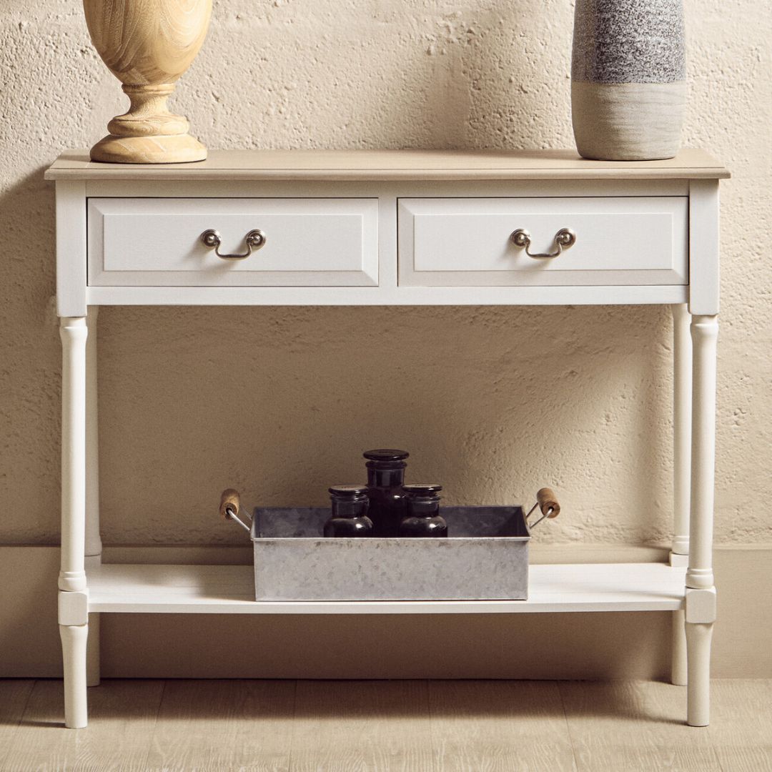 Loxley White 2 Drawers Console Table with Natural Top