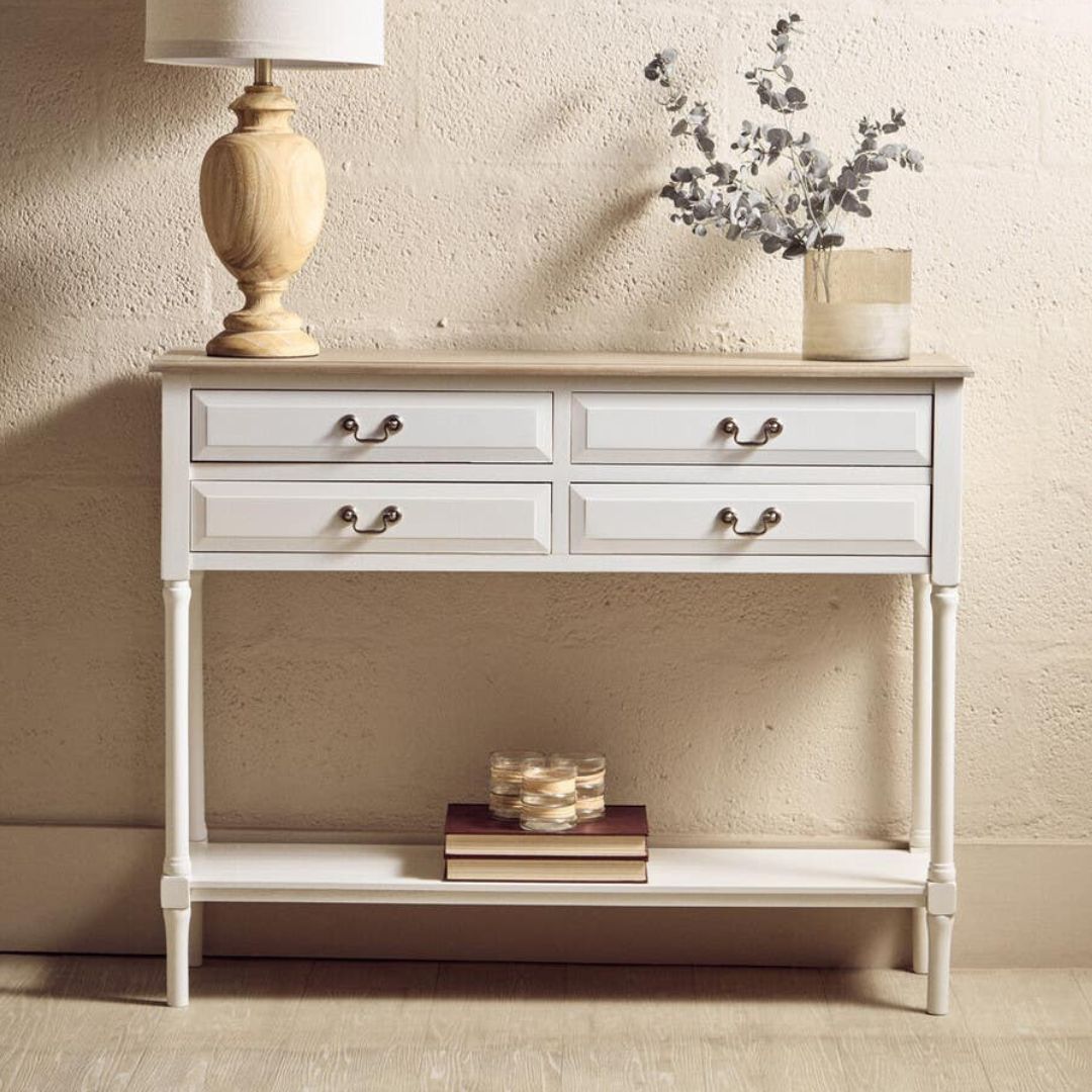 Loxley White 4 Drawers Console Table with Natural Top