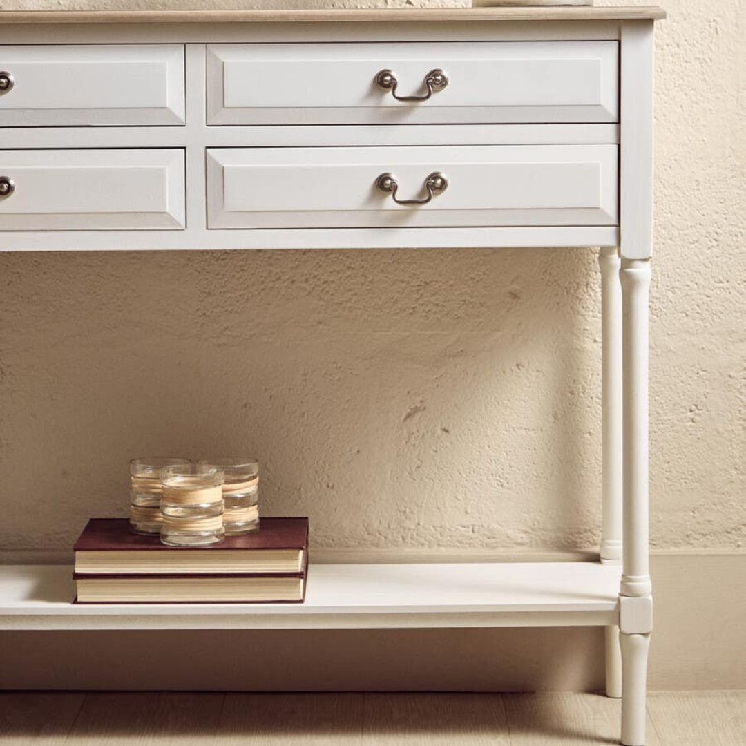Loxley White 4 Drawers Console Table with Natural Top