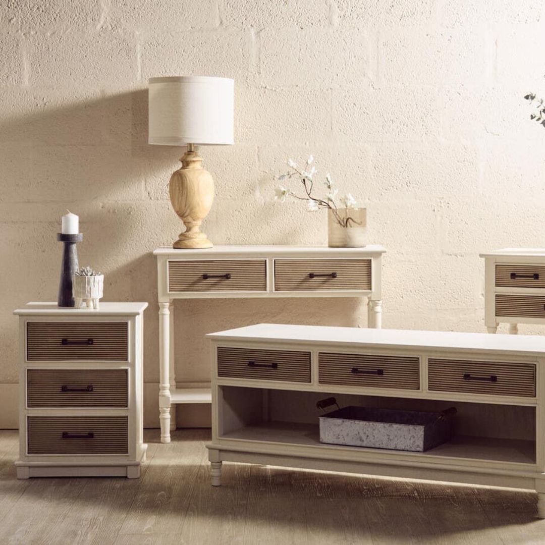 Loxley White 3 Drawers Bedside Table with Textured Fronts