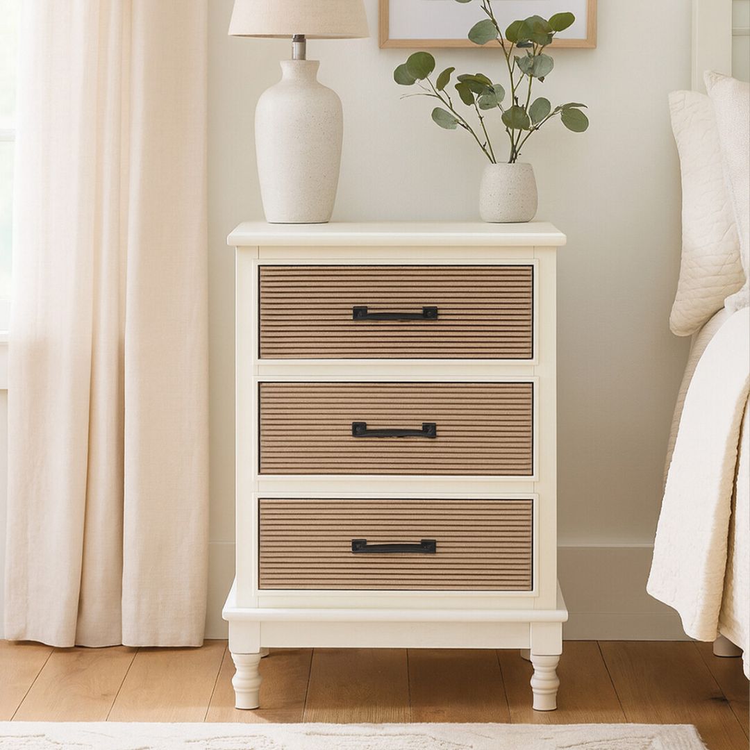 Loxley White 3 Drawers Bedside Table with Textured Fronts