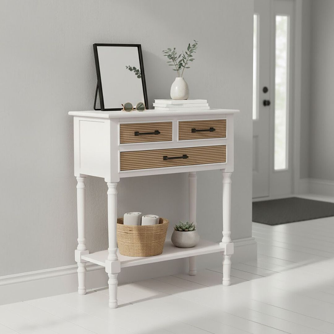Loxley White 3 Drawers Console Table with Textured Fronts