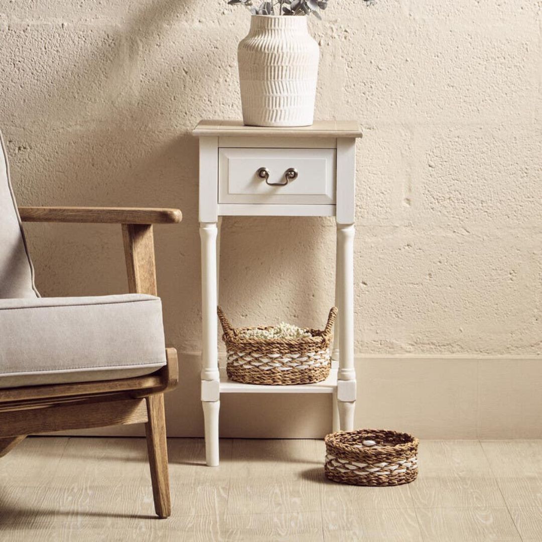 Loxley White Drawer Side Table with Natural Top