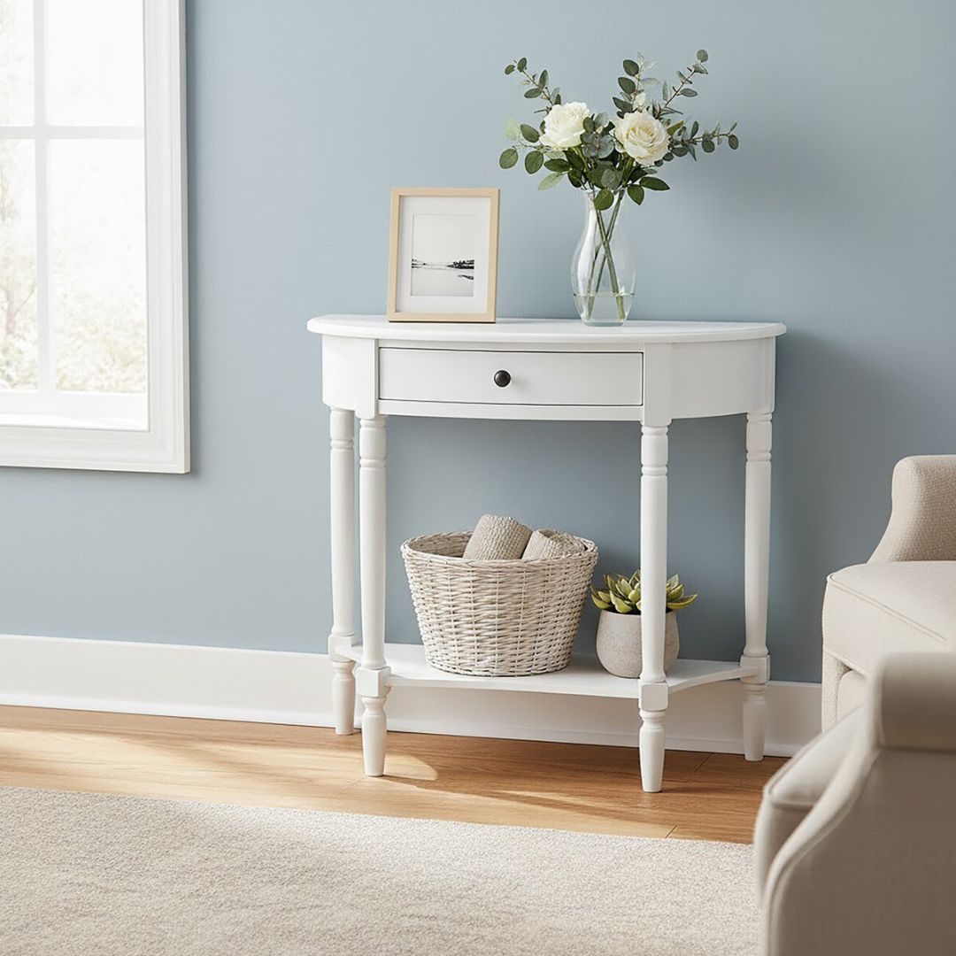 Loxley White Half Moon Console Table with Drawer